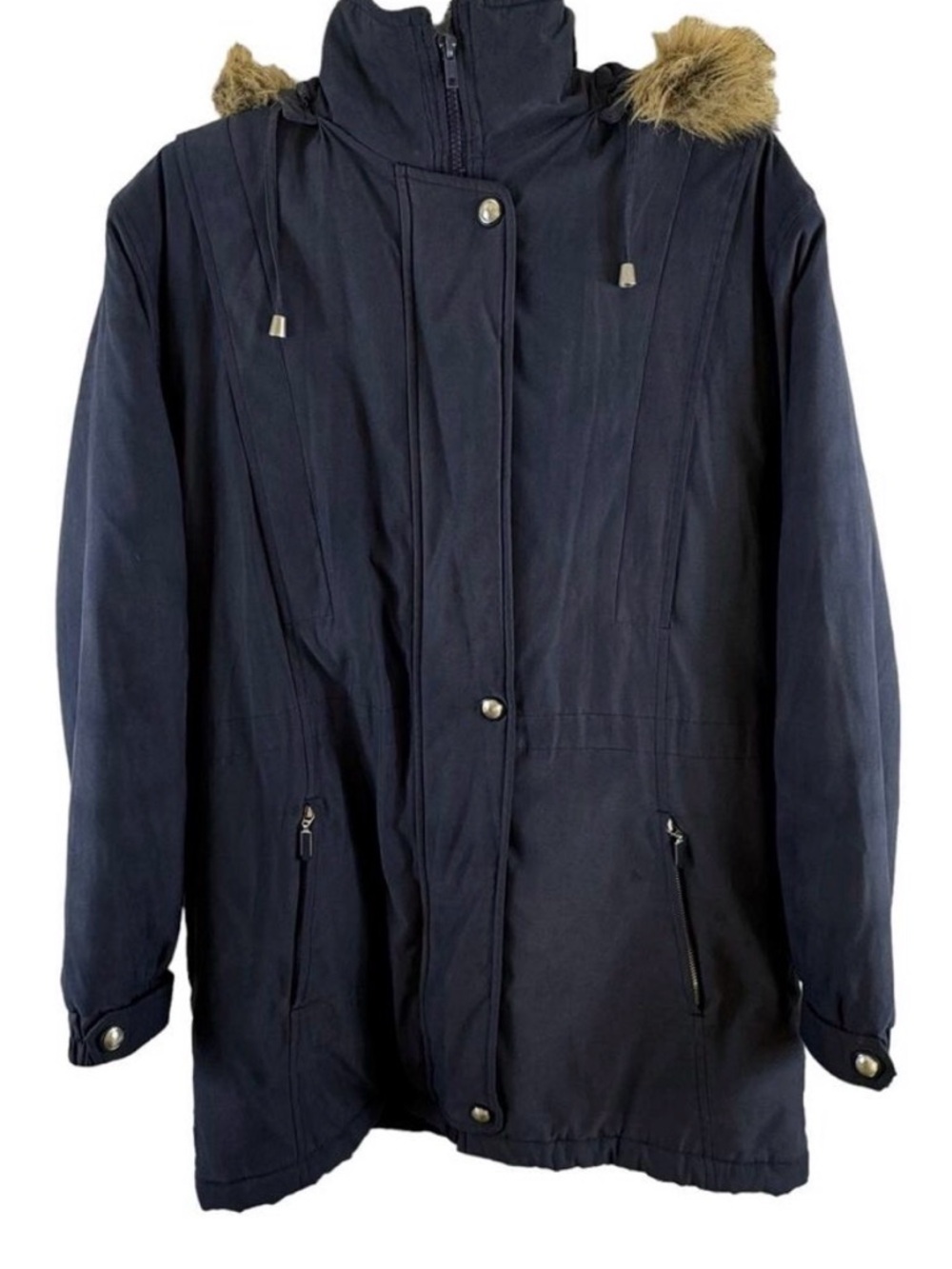 Vintage Andy Johns Navy Blue Fur Hooded High Neck Jacket Zippered Pockets Size M